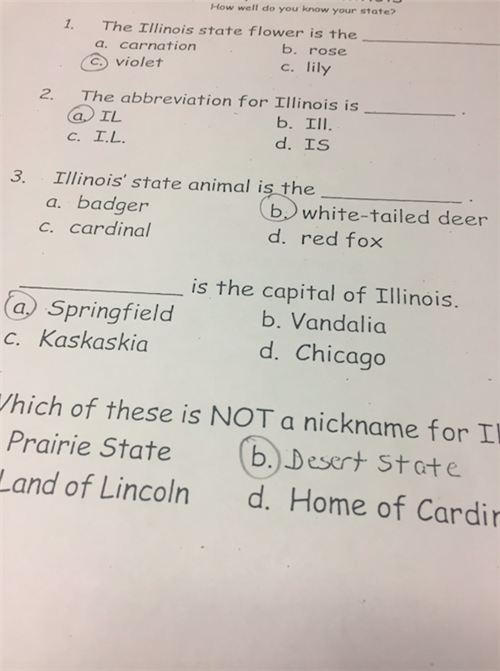 Pop- Quiz time! She took a quiz on Illinois. 